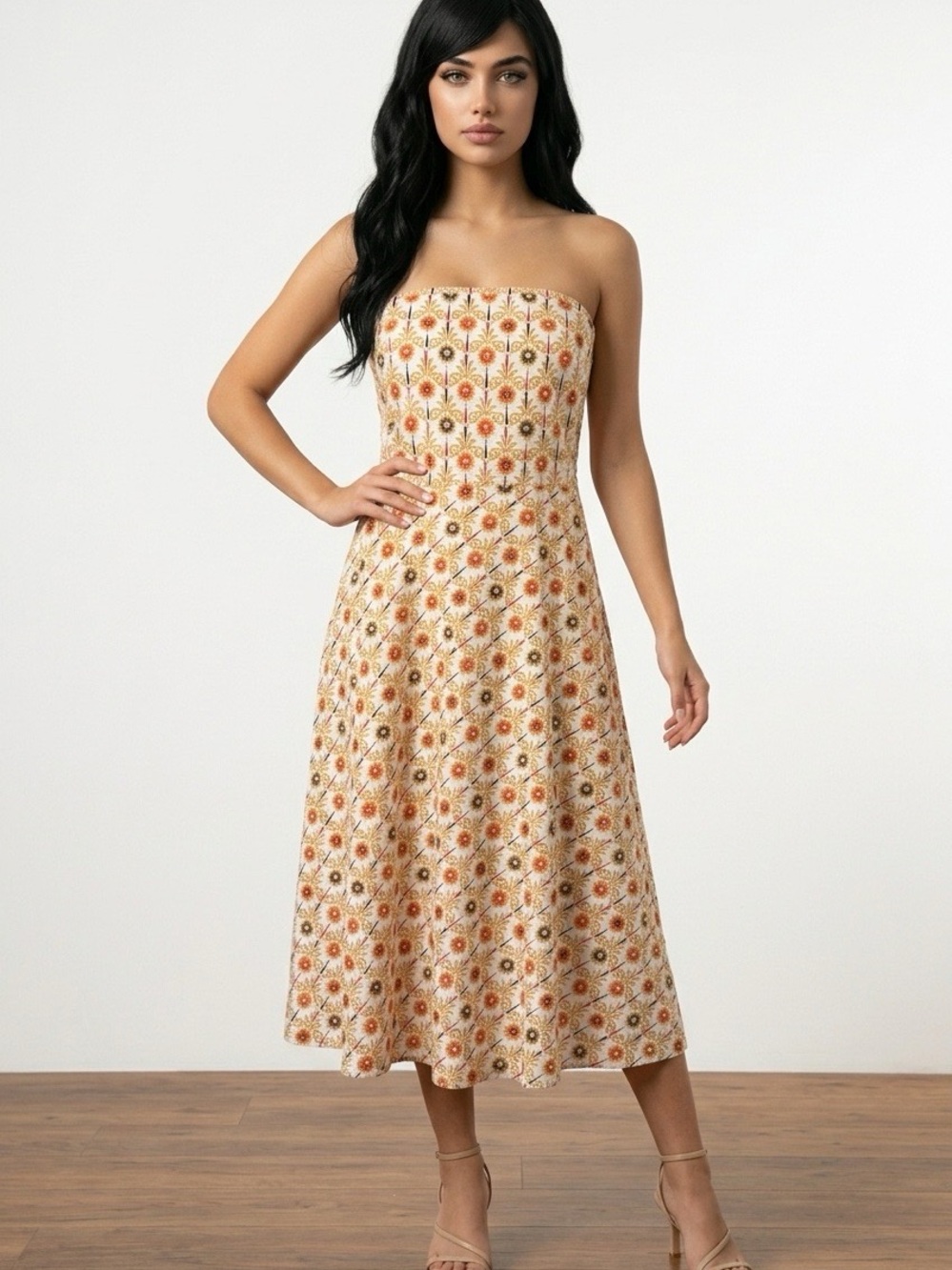 J. Crew Y2K Strapless Floral Midi Dress in Cream and Orange Size 12